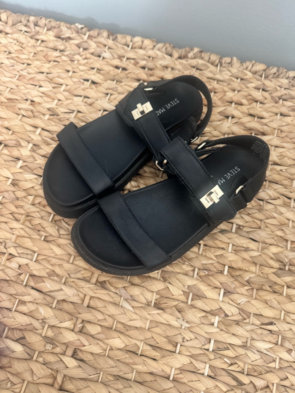 Steve Madden Kids Black Double Strap Sandals with Gold Buckles